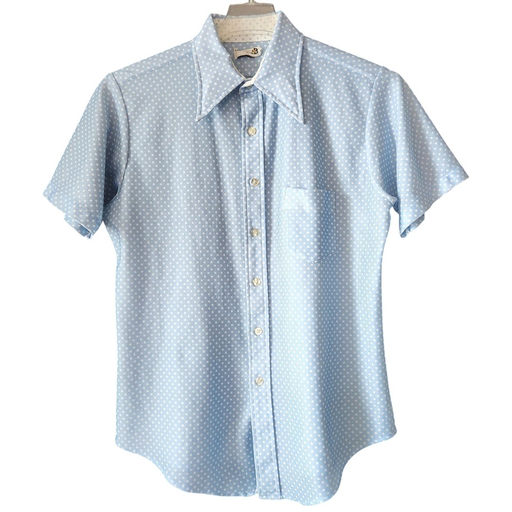 70s Bonds Disco Polka Dots Button Shirt Large 16.5 Rockabilly Blue Dagger Collar